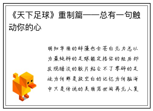 《天下足球》重制篇——总有一句触动你的心