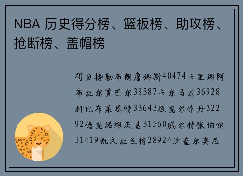NBA 历史得分榜、篮板榜、助攻榜、抢断榜、盖帽榜